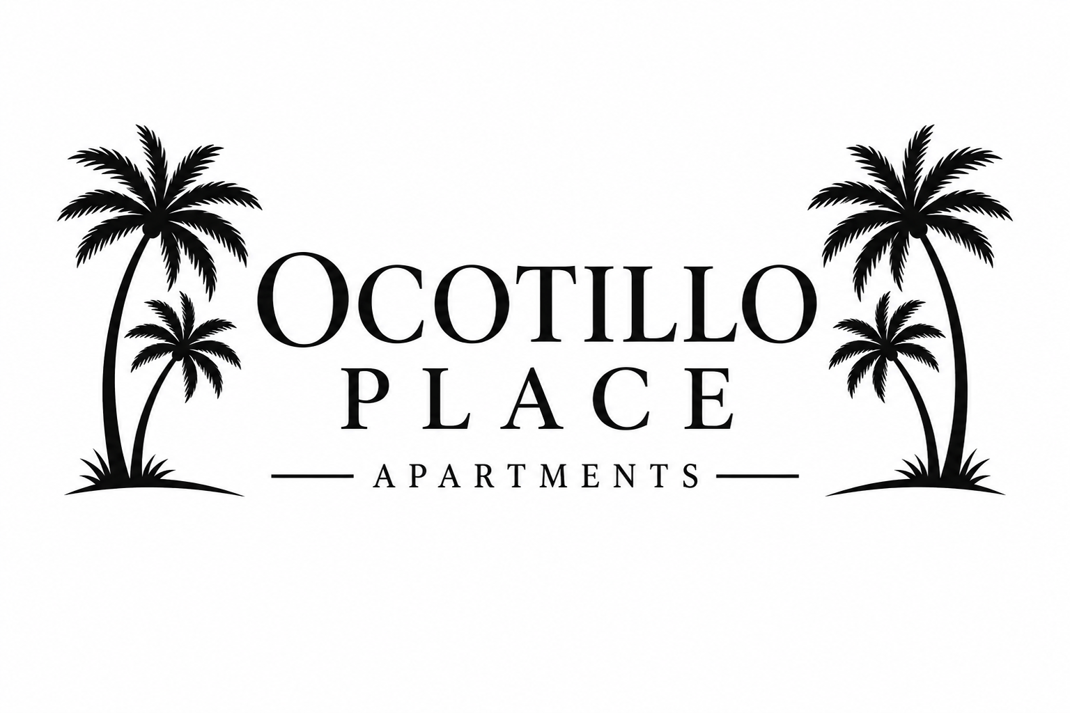The image is of a logo for Ocotillo Place Apartments, featuring two palm trees on either side of the text.